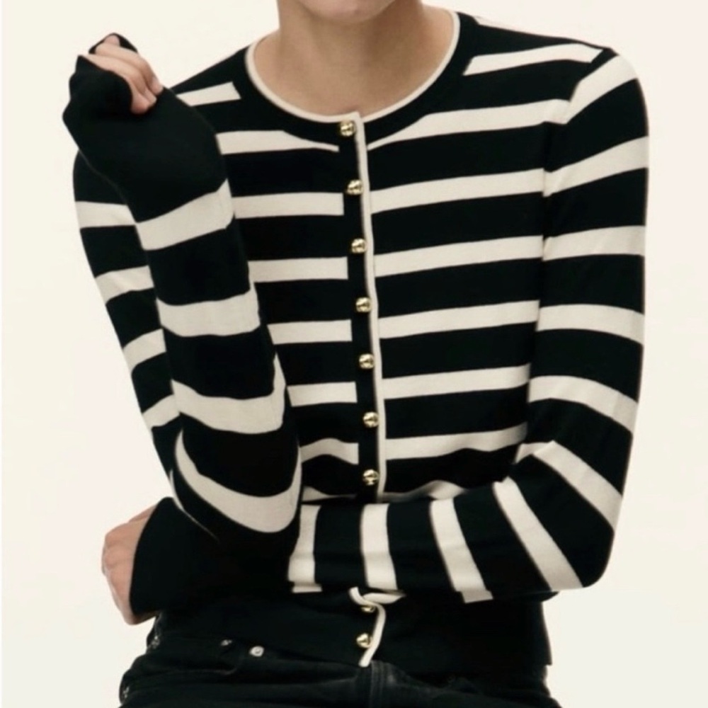 ZARA Women’s Striped Cardigan Button Up Black Cream Split Sleeve Preppy Small